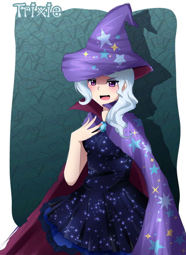 breasts, cape, character_name, dress, hand_on_own_chest, hat, my_little_pony, my_little_pony_friendship_is_magic