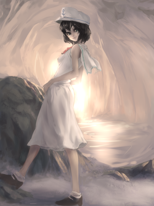 aqua_eyes, black_hair, breasts, hands_on_waist, hat, inishie_kumo, murasa_minamitsu, river