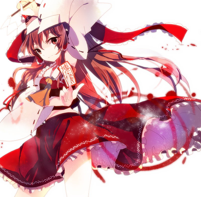 arm_up, ascot, bad_id, brown_eyes, brown_hair, detached_sleeves, gohei, hage_ta