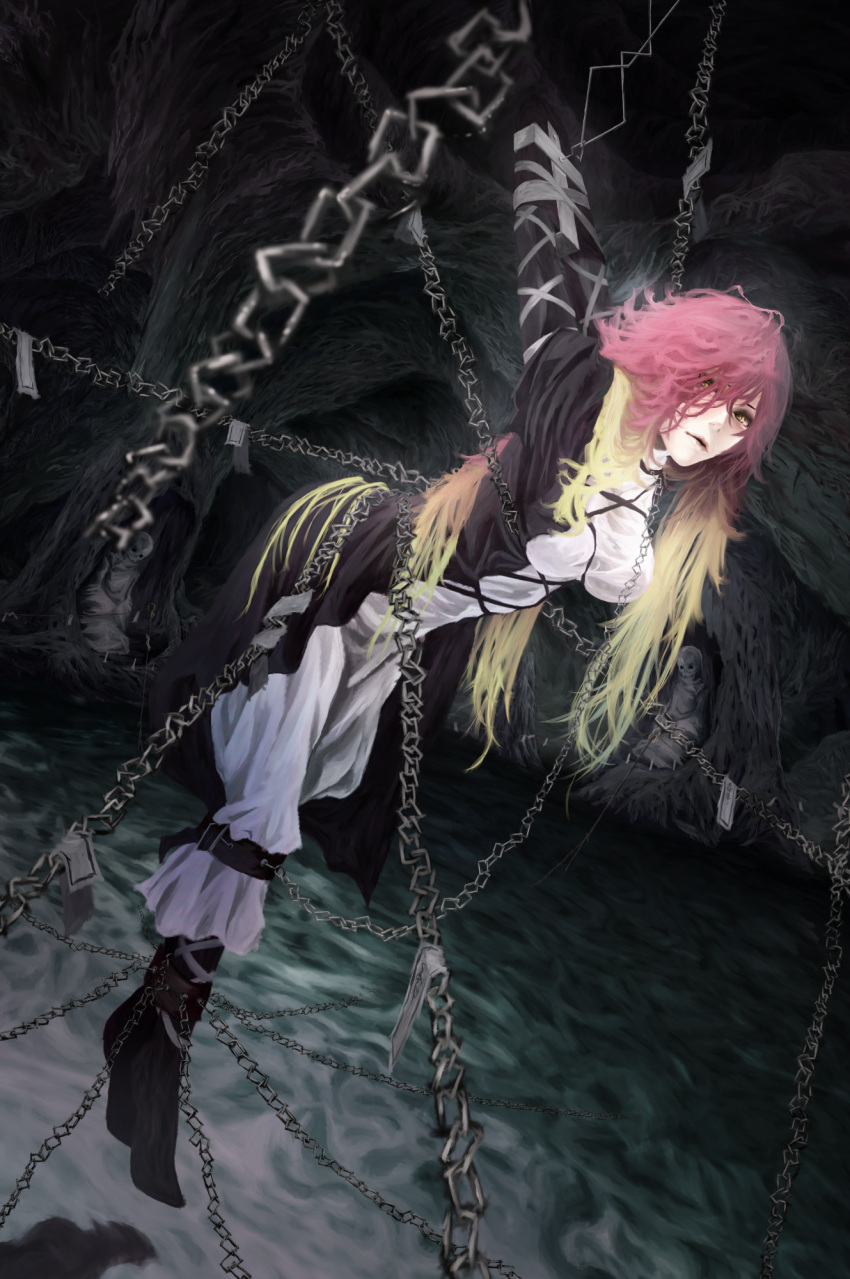akaikitsune, arms_up, bdsm, black_dress, bondage, cave, chain, chained