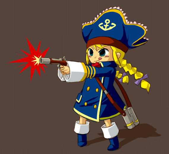:q, binoculars, black_eyes, blonde_hair, brown_background, firing, flintlock, gun
