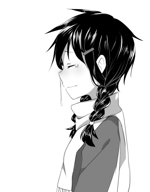 braid, hair_ornament, hairclip, katawa_shoujo, measuring_shadows, molly_kapur, monochrome, snot, solo, tears, twin_braids, weee_(raemz)