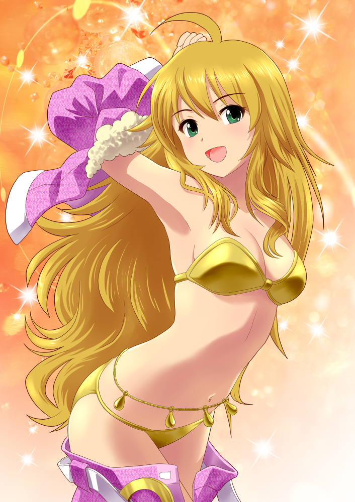 ahoge, arm_up, armpits, bandeau, belt, bikini, blonde_hair, breasts, cleavage, cool_&amp;_sexy_(idolmaster), green_eyes, hoshii_miki, idolmaster, lingerie, long_hair, midriff, navel, open_mouth, ponnetsu, smile, solo, swimsuit, underwear, undressing, very_long_hair
