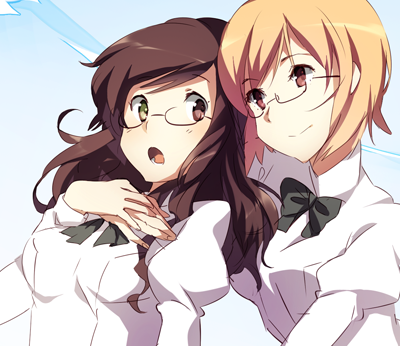 :o, blonde_hair, blush, bowtie, brown_eyes, brown_hair, bust, glasses, green_eyes, heterochromia, hug, hug_from_behind, inoue_naomi, katawa_shoujo, long_hair, lowres, multiple_girls, ooe_natsume, open_mouth, puffy_sleeves, red_eyes, school_uniform, short_hair, weee_(raemz), yuri