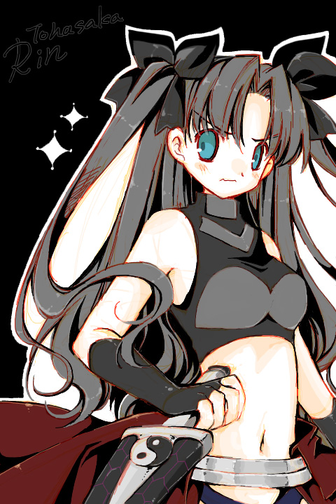 =3=, archer, archer_(cosplay), bare_shoulders, black_hair, character_name, cosplay, elbow_gloves