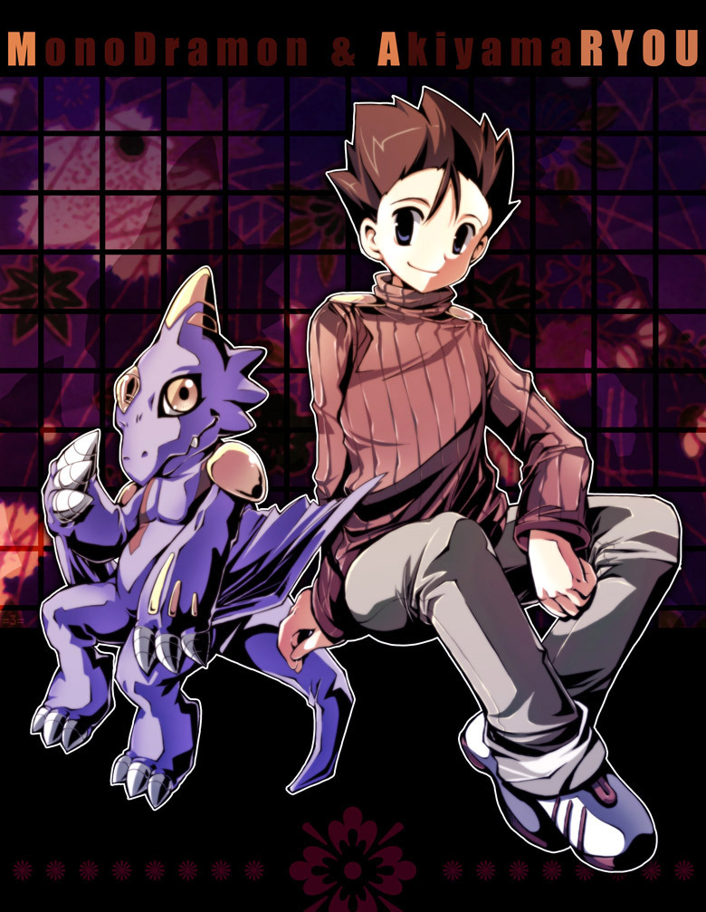 =3=, akiyama_ryo, akiyama_ryou, brown_hair, casual, character_name, digimon, digimon_tamers, dragon, male, monodramon, pants, pullover, sitting
