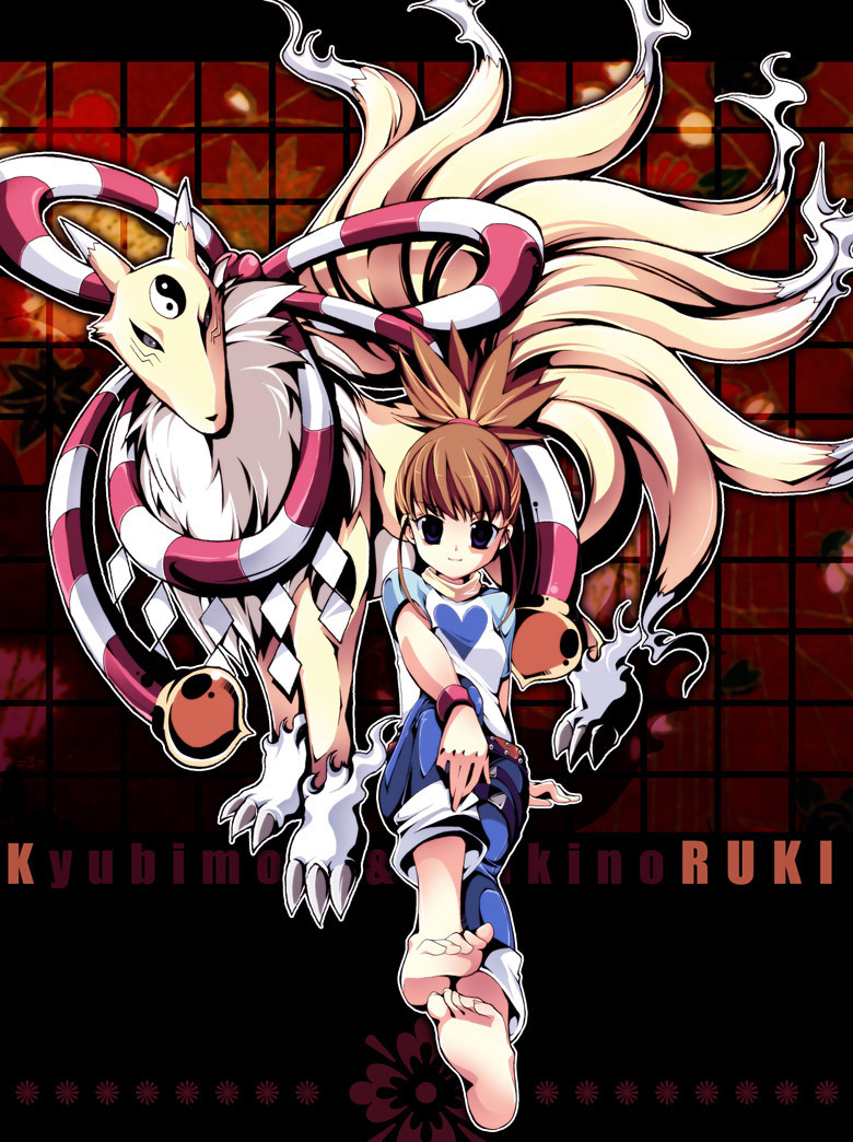 =3=, barefoot, brown_hair, character_name, digimon, digimon_tamers, facial_mark, forehead_mark