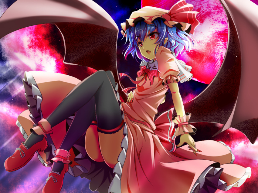 ankle_cuffs, bat_wings, black_legwear, blue_hair, dress, fang, fingernails, flying