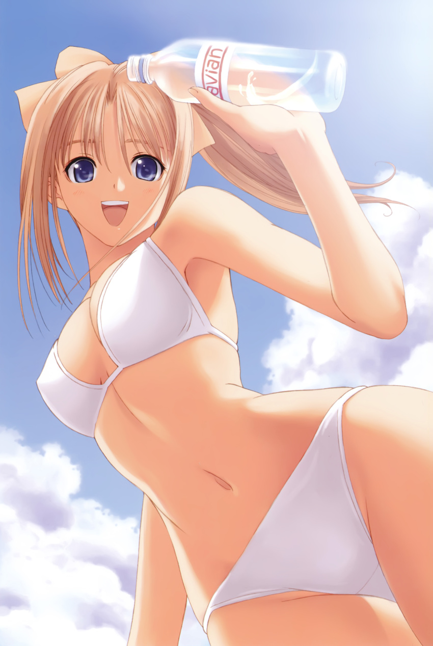 absurdres, after, bikini, bottle, bow, breasts, cleavage, cloud