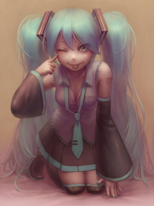 :p, akanbe, aqua_eyes, aqua_hair, boots, daiyou-uonome, detached_sleeves, dyuonm