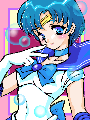 bishoujo_senshi_sailor_moon, blue_hair, bust, finger_to_mouth, gloves, kisaragi_miyuki, lowres, mizuno_ami, oekaki, sailor_collar, sailor_mercury, sailor_senshi, short_hair, solo, white_gloves