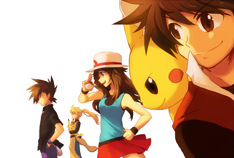 2boys, 2girls, bare_shoulders, black_hair, blonde_hair, blue_(pokemon), blue_eyes, brown_hair