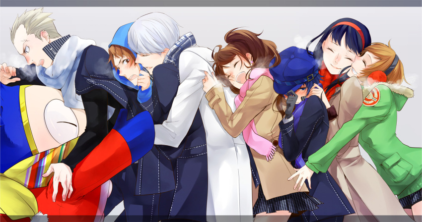 4girls, bear, black_hair, blonde_hair, blue_eyes, blue_hair, blush, brown_eyes, brown_hair, cabbie_hat, closed_eyes, earmuff, earmuffs, eyes_closed, friends, fur_trim, gloves, grey_hair, group, group_hug, hairband, hanamura_yousuke, happy, hat, hoodie, hug, jacket, kujikawa_rise, kuma_(persona_4), long_hair, mogmahiru, multiple_boys, multiple_girls, narukami_yuu, open_mouth, persona, persona_4, reverse_trap, satonaka_chie, scarf, shirogane_naoto, short_hair, silver_hair, skirt, smile, tatsumi_kanji, twintails, winter_clothes