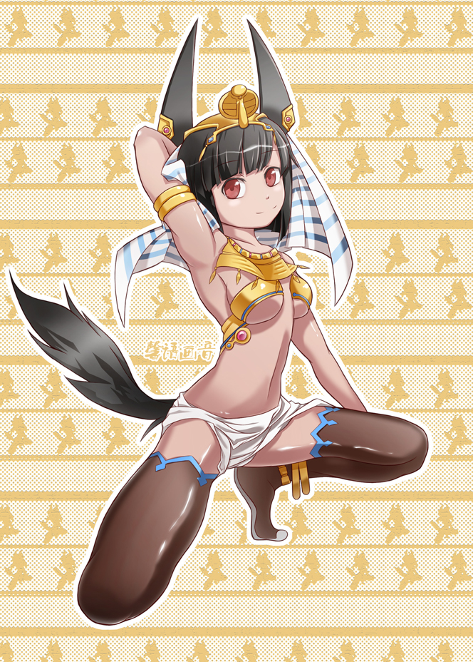 1girl, anklet, anubis, bare_shoulders, black_hair, breasts, cleavage, dog_ears, dog_tail, egyptian, egyptian_mythology, gold, jewelry, kneeling, midriff, red_eyes, tail, thigh-highs, thighhighs, xin_yu_hua_yin