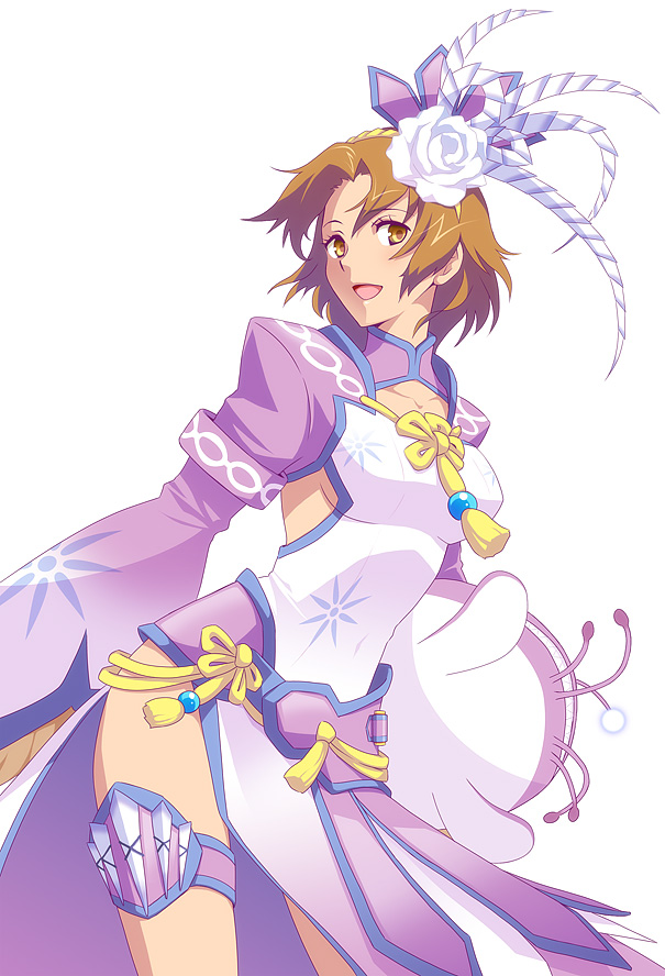 brown_eyes, brown_hair, capcom, flower, gobul_(armor), hair_flower, hair_ornament, hairpin, leg_garter, monster_hunter, monster_hunter_3_g, rose, short_hair, smile, solo, white_background, white_rose, yaya_(tempering)