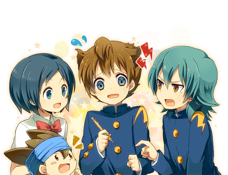 3boys, blue_eyes, blue_hair, brown_eyes, brown_hair, gakuran, green_hair, headband