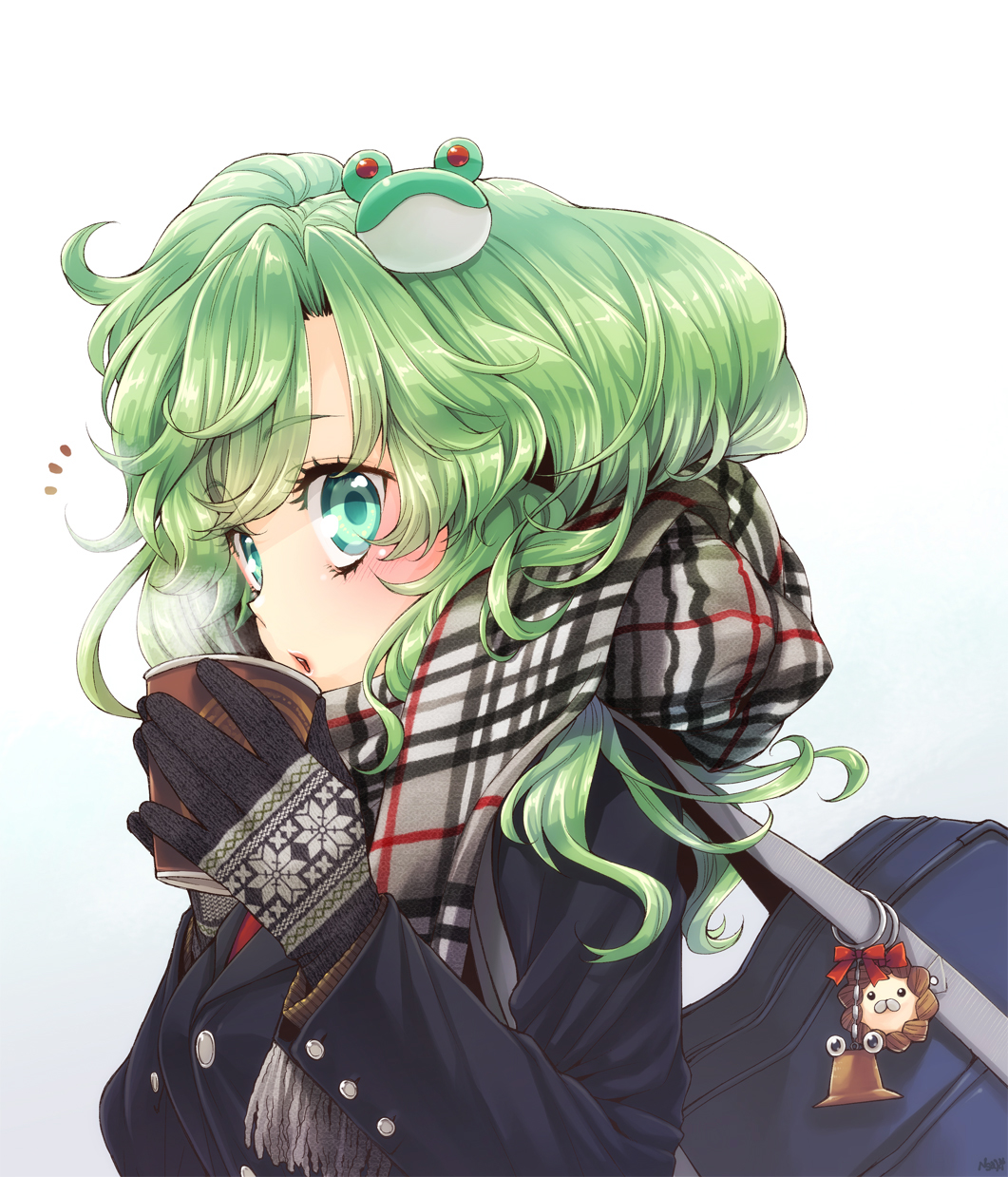 alternate_costume, bag, blush, bust, close-up, coat, coffee, contemporary