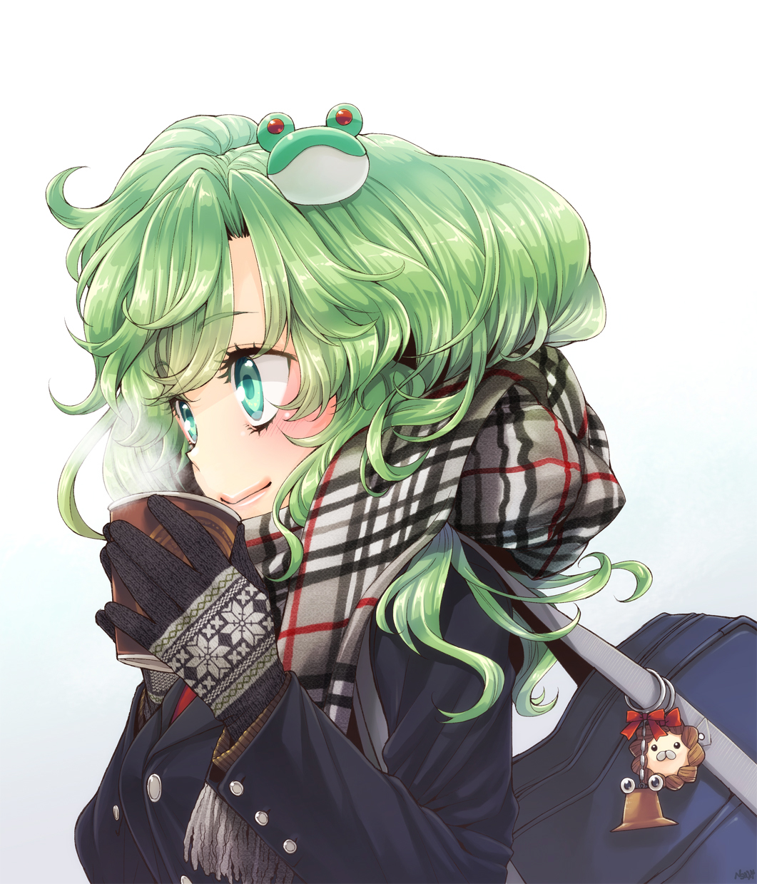 alternate_costume, bag, blush, bust, close-up, coat, coffee, contemporary