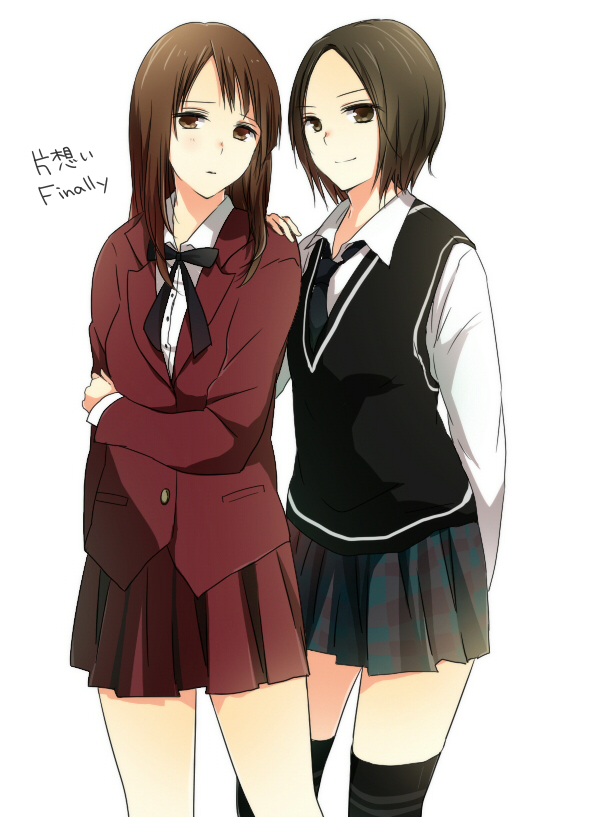 bad_id, black_legwear, brown_eyes, brown_hair, hand_on_shoulder, kataomoi_finally, matsui_jurina, matsui_rena