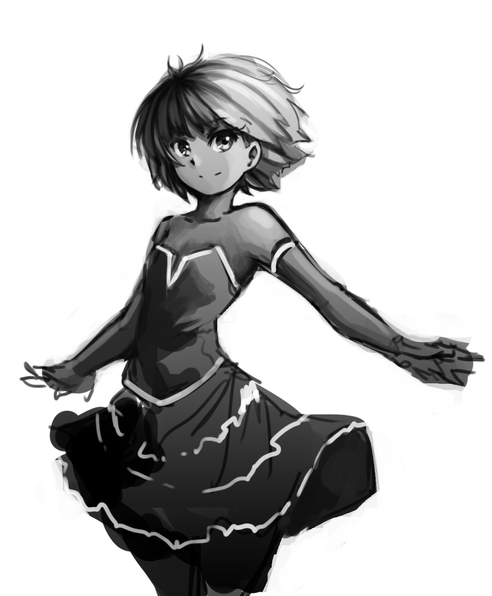 bare_shoulders, dress, eirene_(oniro), elbow_gloves, flat_chest, gloves, magical_girl, monochrome