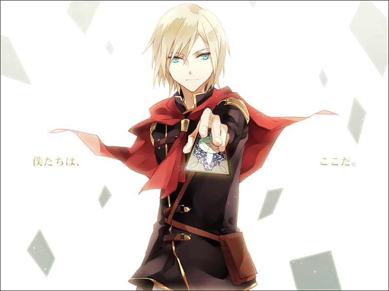 ace_(fft-0), bag, blonde_hair, blue_eyes, cape, card, final_fantasy, final_fantasy_type-0