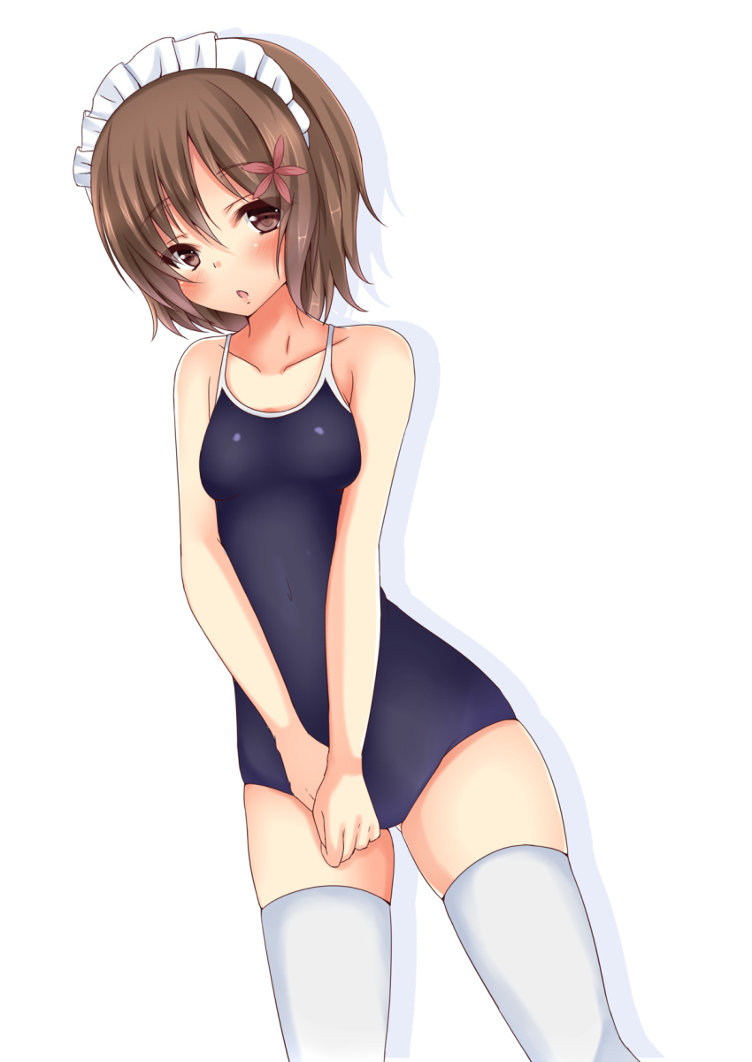 boku_wa_tomodachi_ga_sukunai, brown_eyes, brown_hair, fuuma_(humawww), highres, kusunoki_yukimura, maid_headdress, one-piece_swimsuit