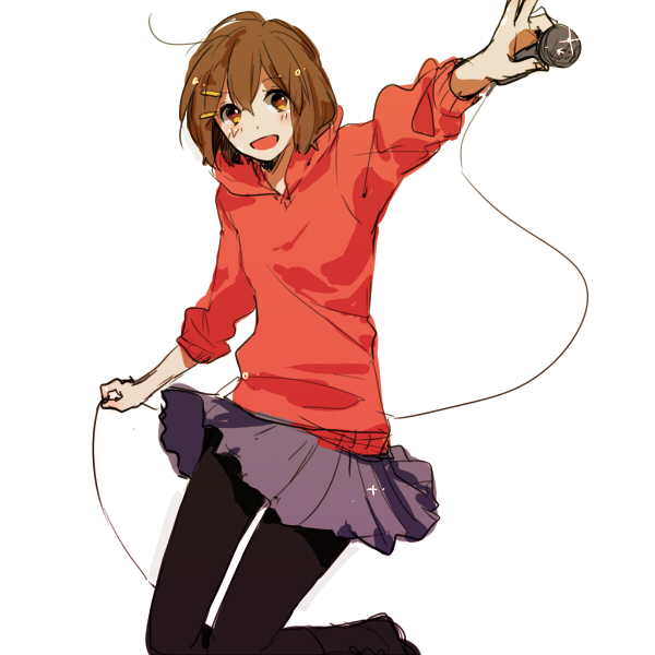 brown_eyes, brown_hair, hirasawa_yui, hoodie, k-on!, microphone, pantyhose, short_hair, skirt, sleeves_pushed_up, solo, sweater, takahashi712