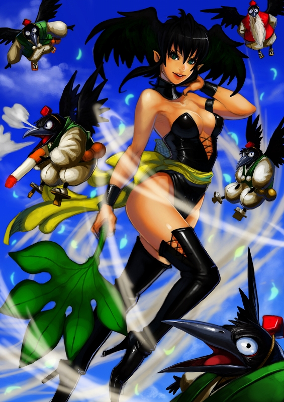 armpits, ass, bare_shoulders, bird, black_eyes, black_hair, boots, breasts