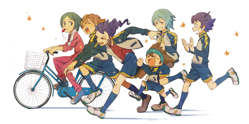 5boys, bicycle, blue_eyes, blue_hair, brown_eyes, brown_hair, closed_eyes, eyes_closed
