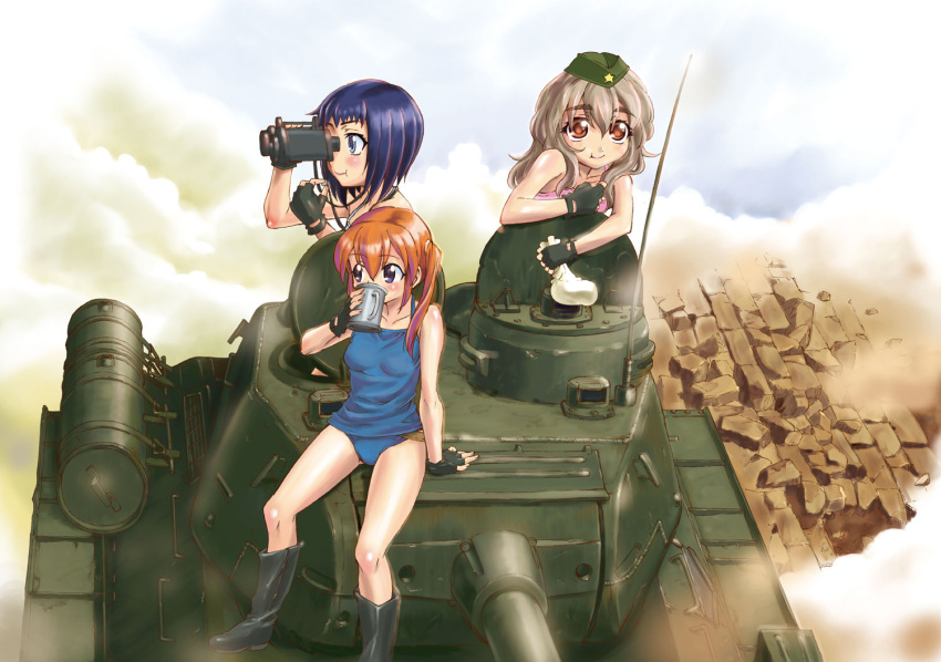 :t, arm_support, bare_shoulders, binocular, binoculars, black_eyes, black_hair, blonde_hair