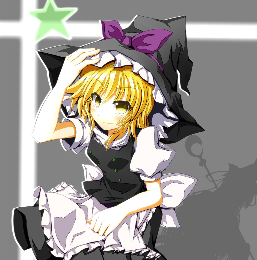 2girls, bad_id, blonde_hair, crescent, hair_ribbon, hat, highres, kirisame_marisa, mima, multiple_girls, ribbon, shadow, smile, solo, staff, star, sudo_shinren, touhou, touhou_(pc-98), yellow_eyes