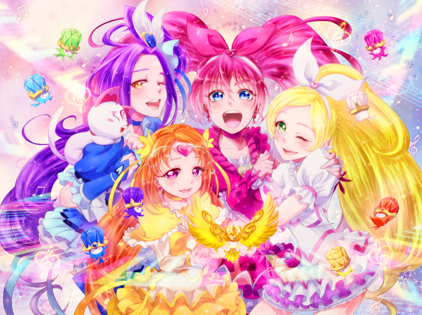 cure_beat, cure_melody, cure_muse, cure_muse_(yellow), cure_rhythm, fairy_tone, g-clef_(suite_precure), houjou_hibiki