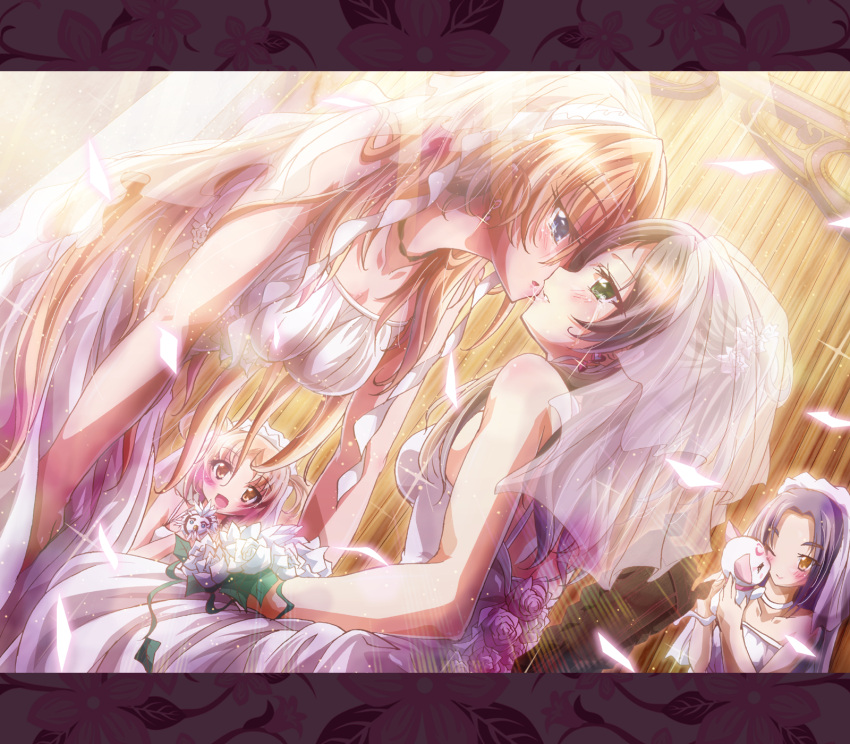 bird, blue_eyes, bouquet, brown_eyes, brown_hair, cat, dutch_angle, flower, green_eyes, highres, houjou_hibiki, hummy_(suite_precure), ikatomo, incipient_kiss, inoshishi_(ikatomo), kurokawa_ellen, letterboxed, long_hair, minamino_kanade, multiple_girls, mutual_yuri, noise_(suite_precure), p-chan_(suite_precure), pii_(suite_precure), pink_rose, precure, purple_hair, rose, shirabe_ako, siren_(suite_precure), suite_precure, tears, veil, wedding, wedding_dress, white_rose, wink, yellow_eyes, yuri
