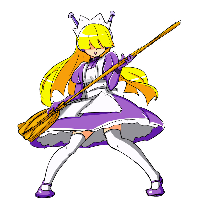 blonde_hair, broom, collar, drawfag, dress, elbow_gloves, gloves, hair_over_eyes, highres, kneehighs, long_hair, maid, maid_headdress, purple_dress, robot_ears, solo, sunsoft, tesse, waku_waku_7, white_legwear