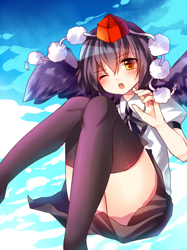 bad_id, black_hair, black_legwear, hat, meronpanna_(mikoniito), open_mouth, orange_eyes, shameimaru_aya