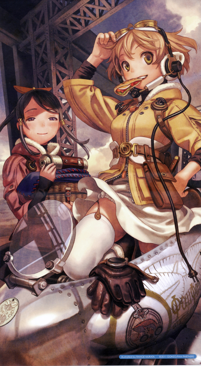 absurdres, adjusting_goggles, basket, black_eyes, black_hair, bloomers, bomber_jacket, brown_hair