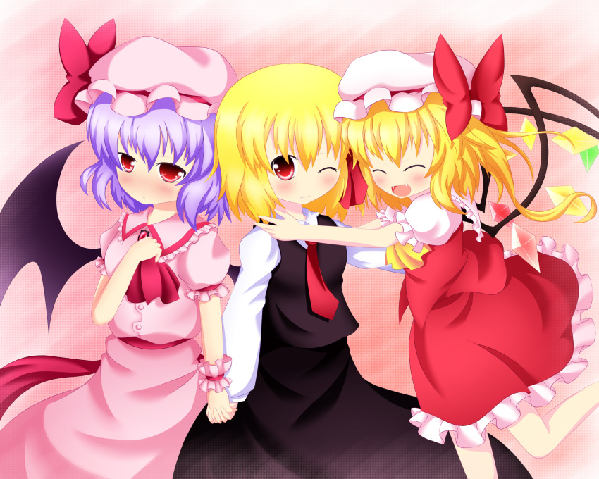 ^_^, ascot, bat_wings, blonde_hair, blue_hair, blush, closed_eyes, dark495