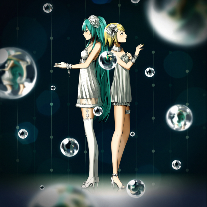 aqua_eyes, aqua_hair, back-to-back, bare_legs, blonde_hair, bubble, dress, garter_straps, garters, hatsune_miku, high_heels, highres, kagamine_rin, leg_garter, long_hair, matsuda_suzuri, multiple_girls, open_shoes, profile, shoes, short_hair, sphere, thigh-highs, thighhighs, very_long_hair, vocaloid