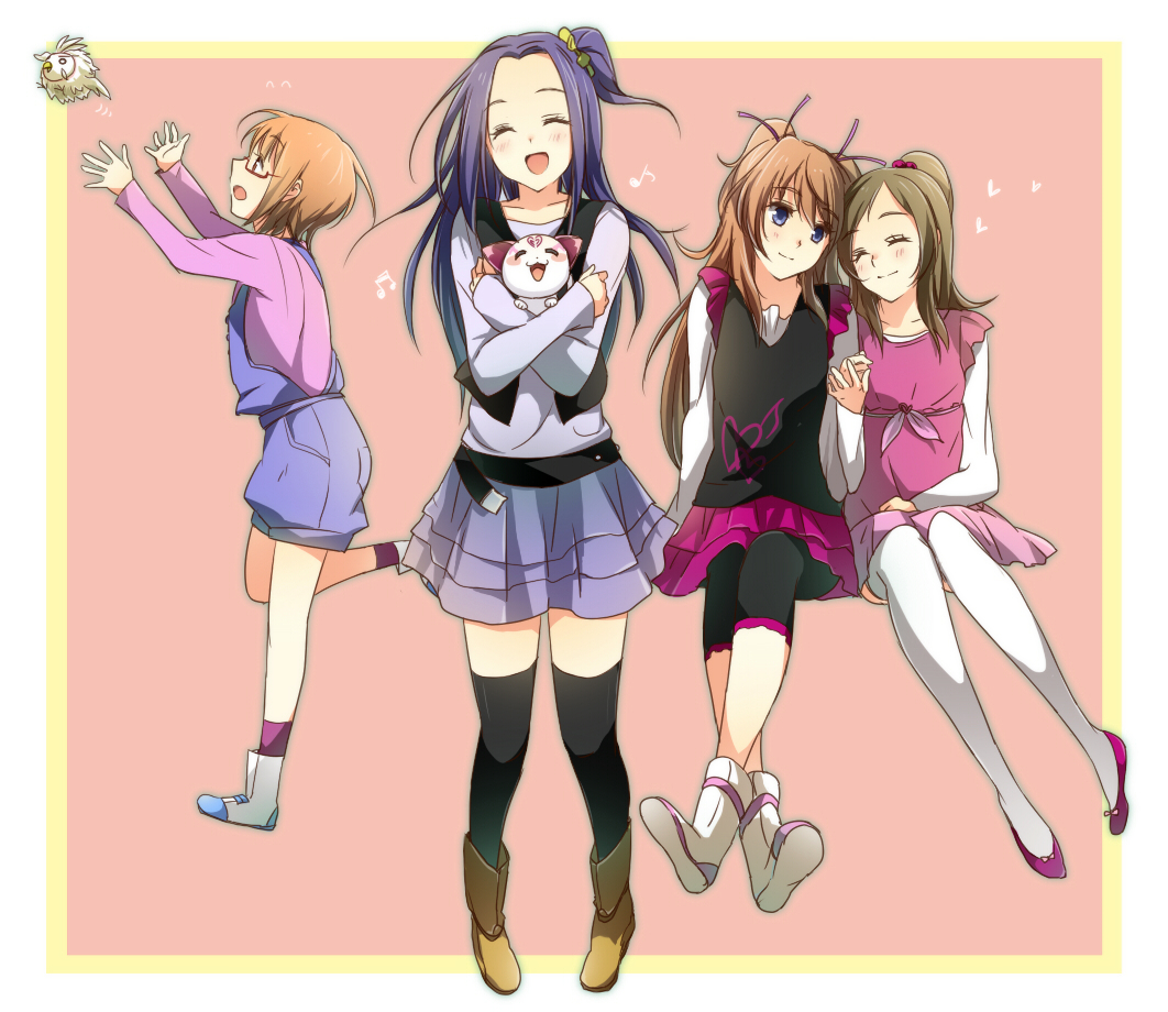 :d, ^_^, bad_id, bird, black_legwear, blue_eyes, boots, brown_hair