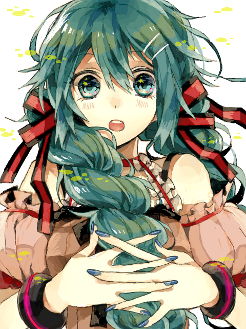 bare_shoulders, bracelet, green_eyes, green_hair, hair_ornament, hair_ribbon, hairclip, hatsune_miku