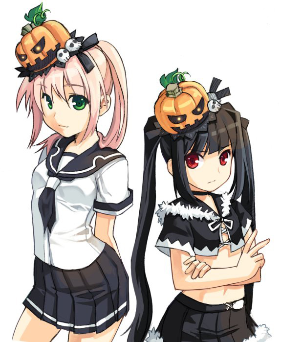 black_hair, flat_chest, green_eyes, halloween, hana, hat, kooh, loli