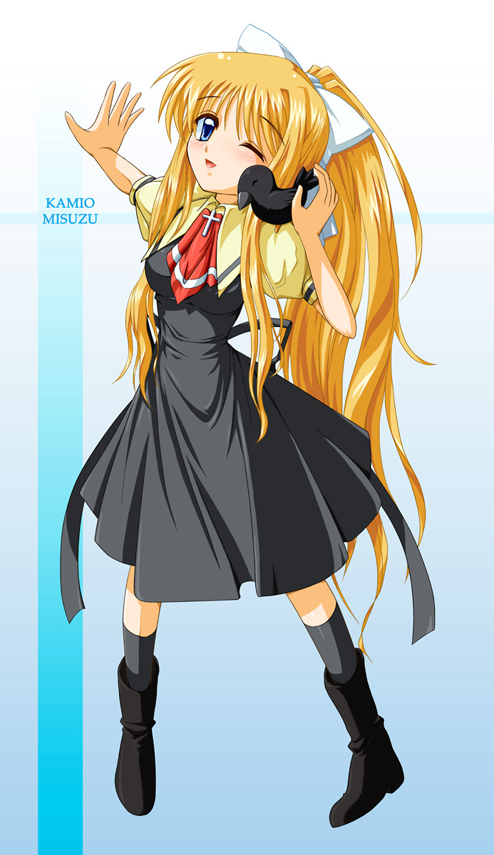 air, arm_up, bird, blonde_hair, blue_eyes, boots, crow, highres