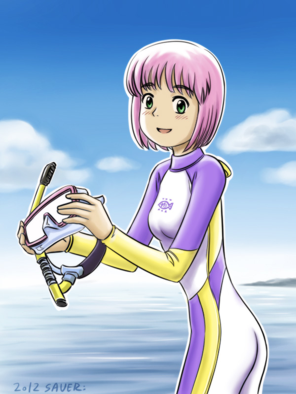 bad_id, blush, bodysuit, cloud, goggles, green_eyes, open_mouth, purple_hair