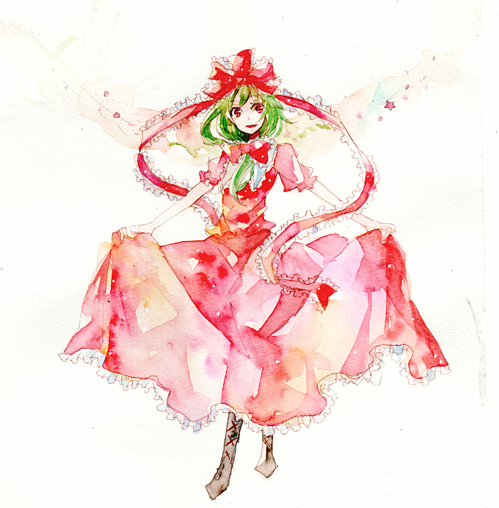 boots, cross-laced_footwear, curtsey, dress, green_hair, hair_ribbon, kagiyama_hina, open_mouth