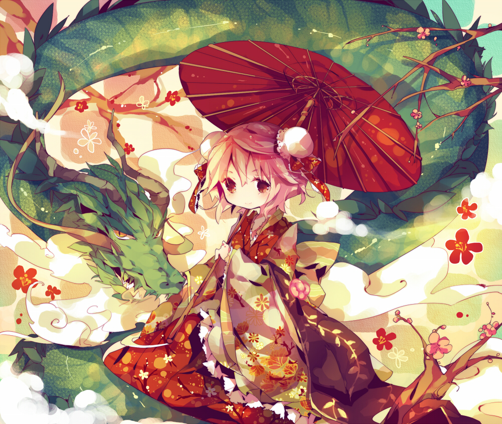 alternate_costume, ana_(rznuscrf), blush, bun_cover, double_bun, dragon, eastern_dragon, flower