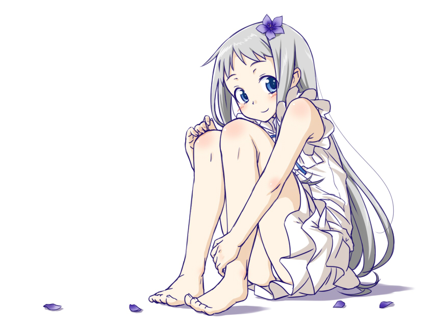 ano_hi_mita_hana_no_namae_wo_bokutachi_wa_mada_shiranai, barefoot, blue_eyes, blush, dress, flower, hair_flower, hair_ornament, honma_meiko, long_hair, open_mouth, punto, silver_hair, sleeveless, sleeveless_dress, smile, solo