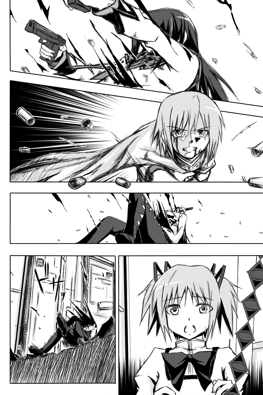 blood, comic, forestss, gun, highres, kaname_madoka, long_hair, magical_girl