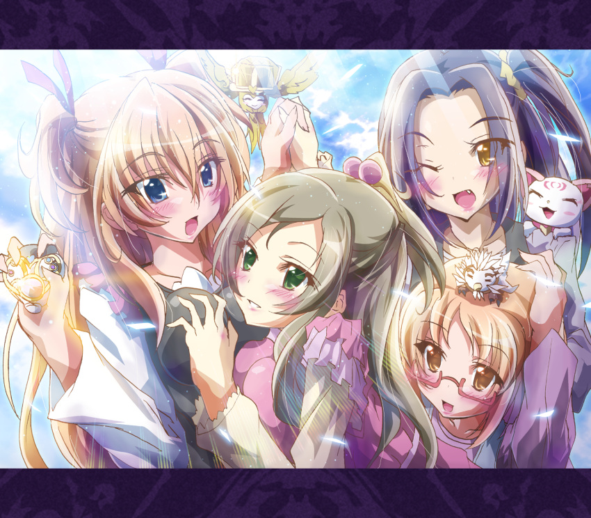 :d, bird, blue_eyes, blush, breast_grab, breasts, brown_hair, cat