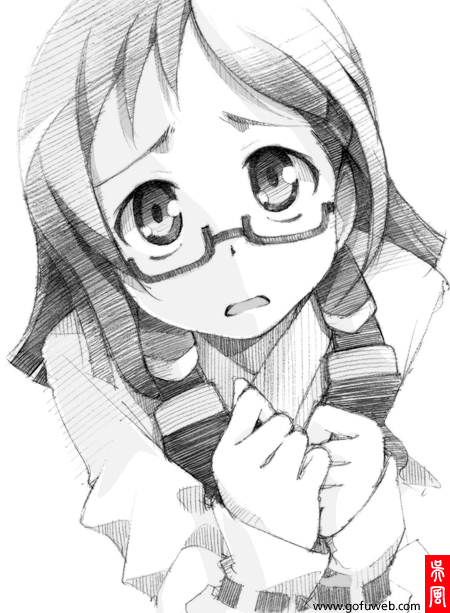 clenched_hands, glasses, gofu, half_rim_glasses, kyoukai_senjou_no_horizon, monochrome, overalls, sanyou_mitsuki, semi-rimless_glasses, sketch, solo, traditional_media, under-rim_glasses