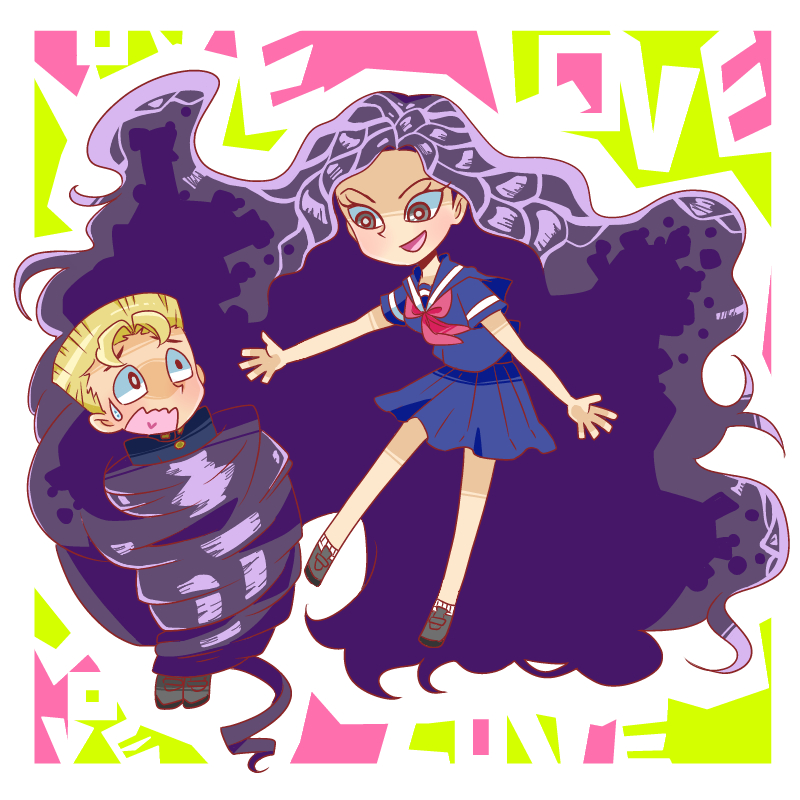 chibi, gakuran, grey_eyes, hirose_kouichi, jojo_no_kimyou_na_bouken, long_hair, moyori, prehensile_hair